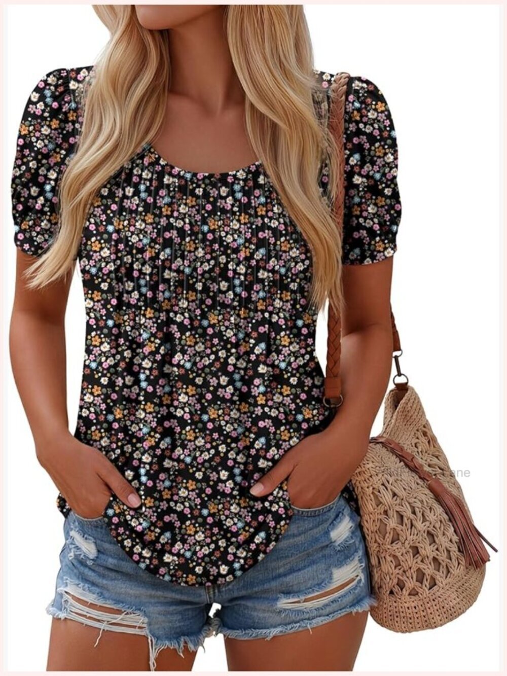 Puff Short Sleeve Boho Tunic Pleated Crew Neck Summer Blouse Dressy Casual
